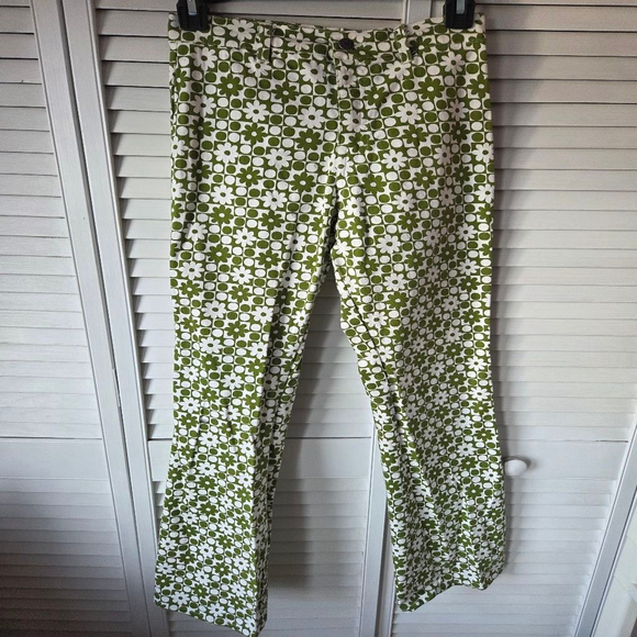 Motel Denim Pants - Motel Denim handmade cotton stretchy wide leg green and white flower pants